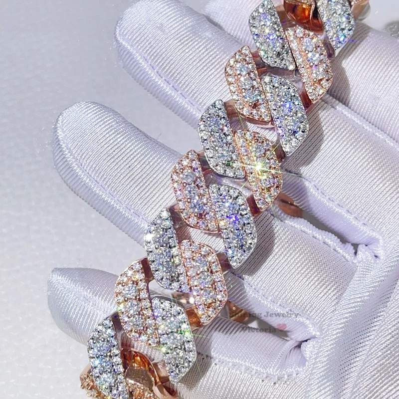 Guangzhou Shining Jewelry 18MM Iced Out Rose Gold Mix White Gold Color Sterling Silver 925 Men VVS Moissanite Cuban Bracelet