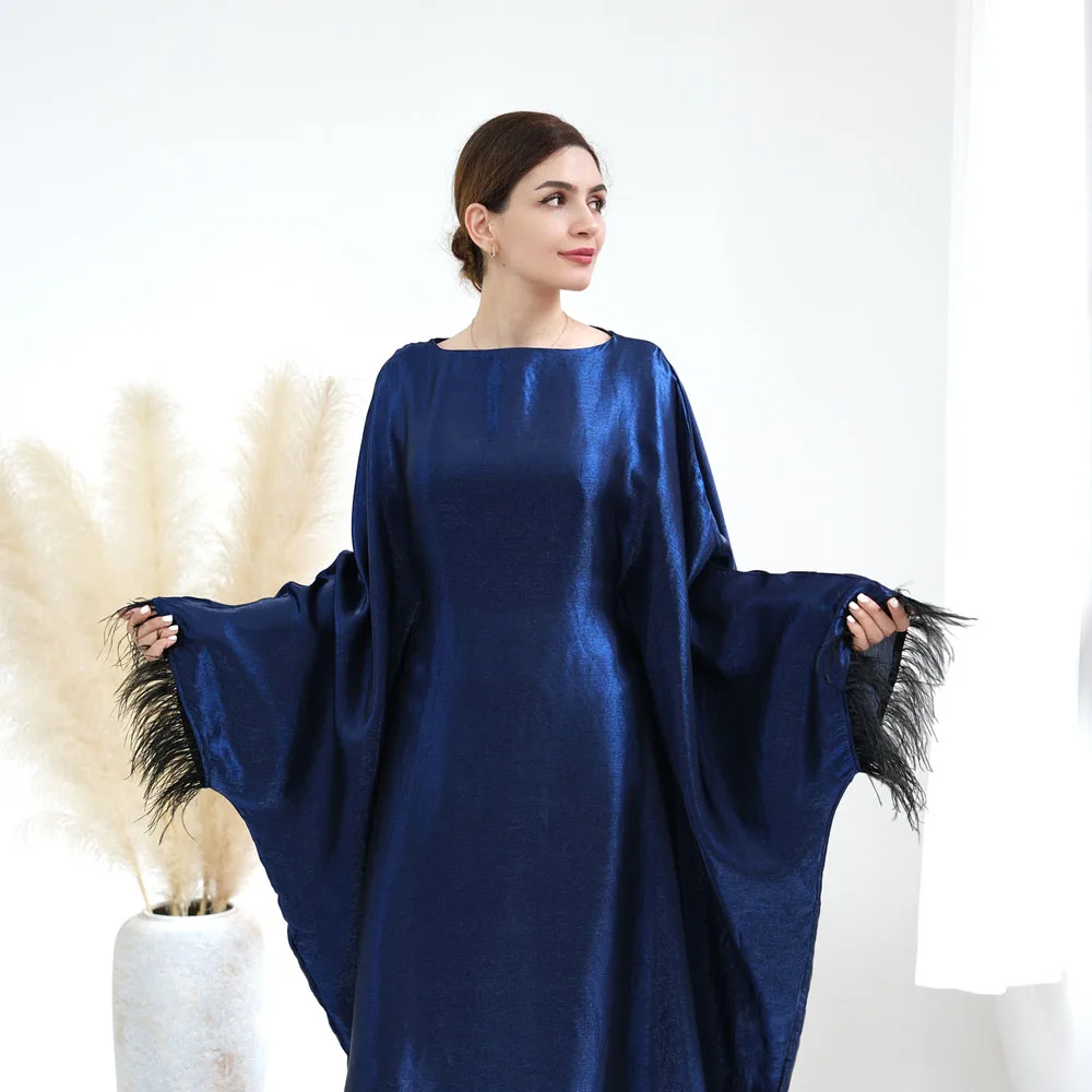 New Closed Abaya Sleeves with Feather Ramadan EID Modest Saudi Dubai Abayas Dresses Islamic Clothing for Women Muslim Dress