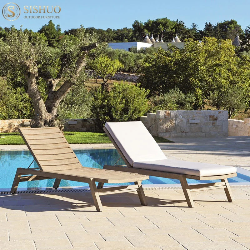 Outdoor furniture villa poolside beach teak chaise lounge outdoor sunbed with waterproof cushion