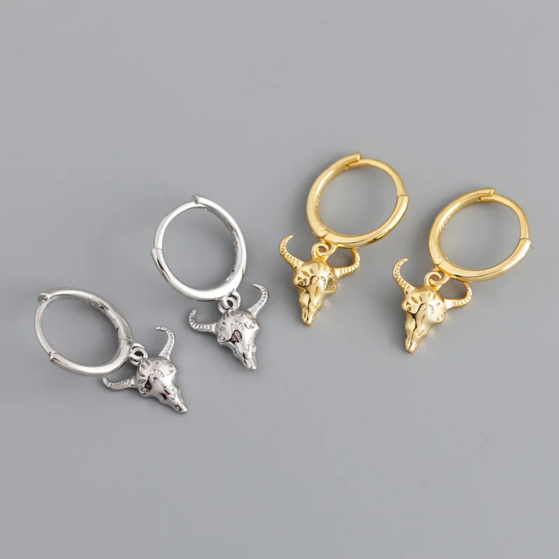Christmas Gift Jewelry Skull Bull Head Pendant Earrings  S925 Sterling Silver Animal Ear Clip