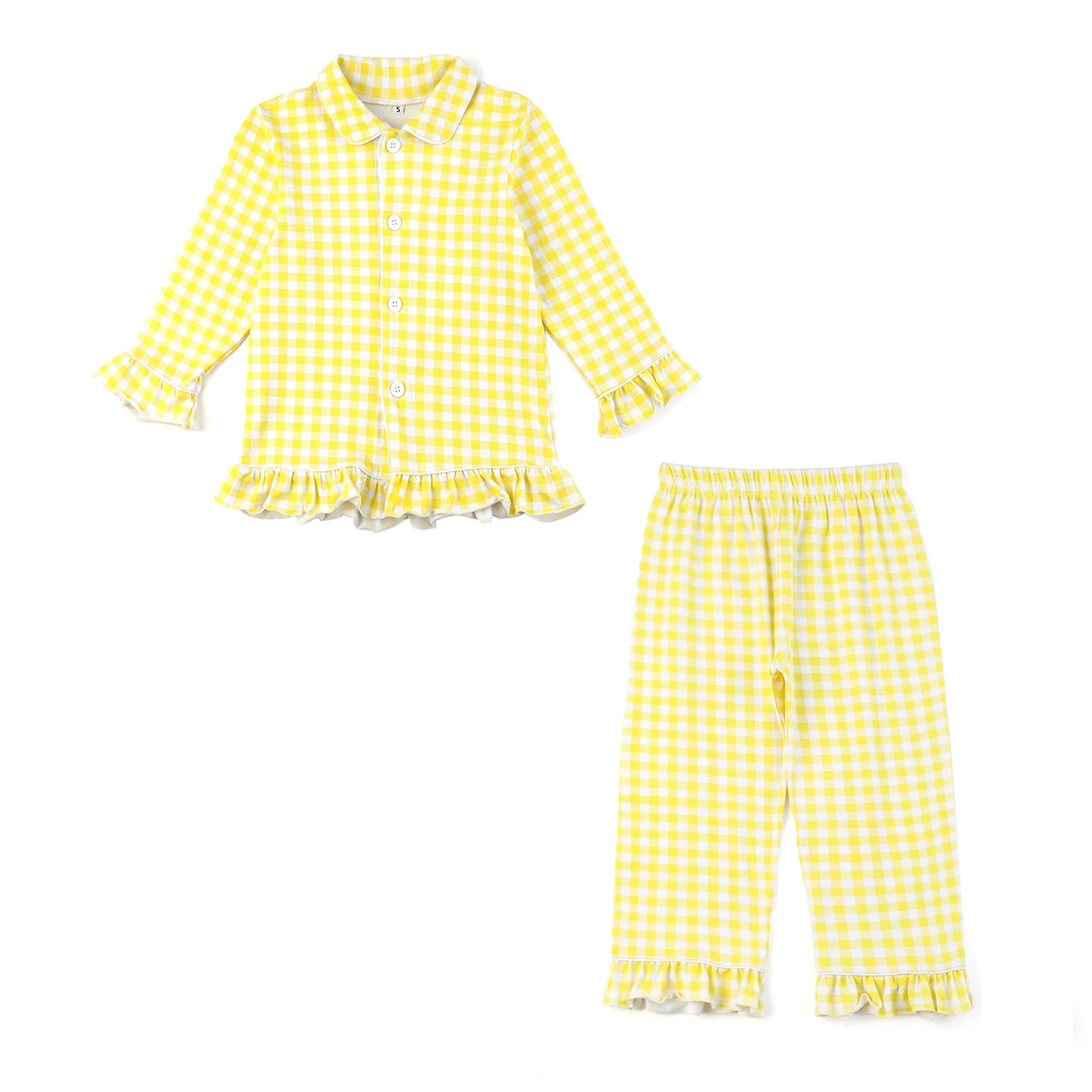 Sweet girls ruffle pjs long sleeve gingham cotton knit spring baby girl pyjamas