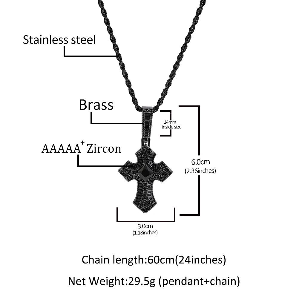 Hot Sale Cross Pendant Large Size Black CZ Cross Necklace 18K Gold Plated Hiphop Designer Women Man Jewelry