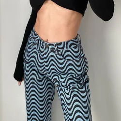 New Designer Women Casual Straight Pants Wave Pattern Printed Long Trousers For Ladies Summer Zip Fly High Waist Sweat Pants