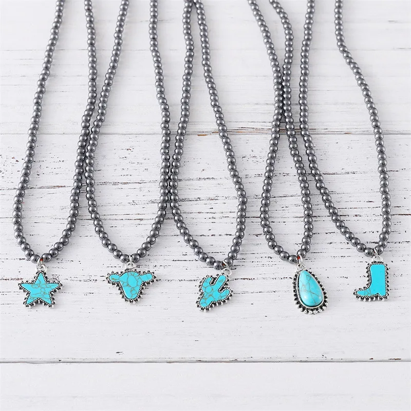 Turquoise Squash and Faux Pearl Choker Necklace Cactus/Cowboy Boot/Star/ Steer Bull Head Choker Necklace for Women Navajo Style