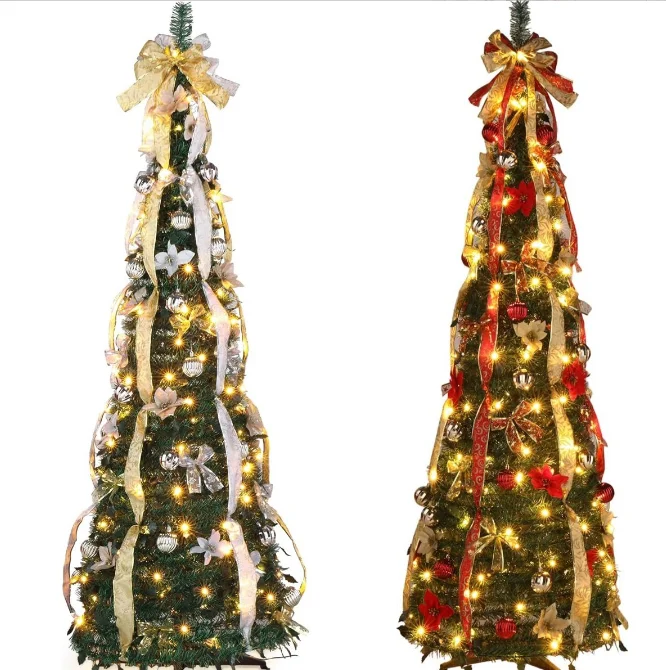 Retractable LED Christmas Tree 4ft-6ft Remote Control Folding Christmas Tree With Bow Ribbon For Christmas Decoration