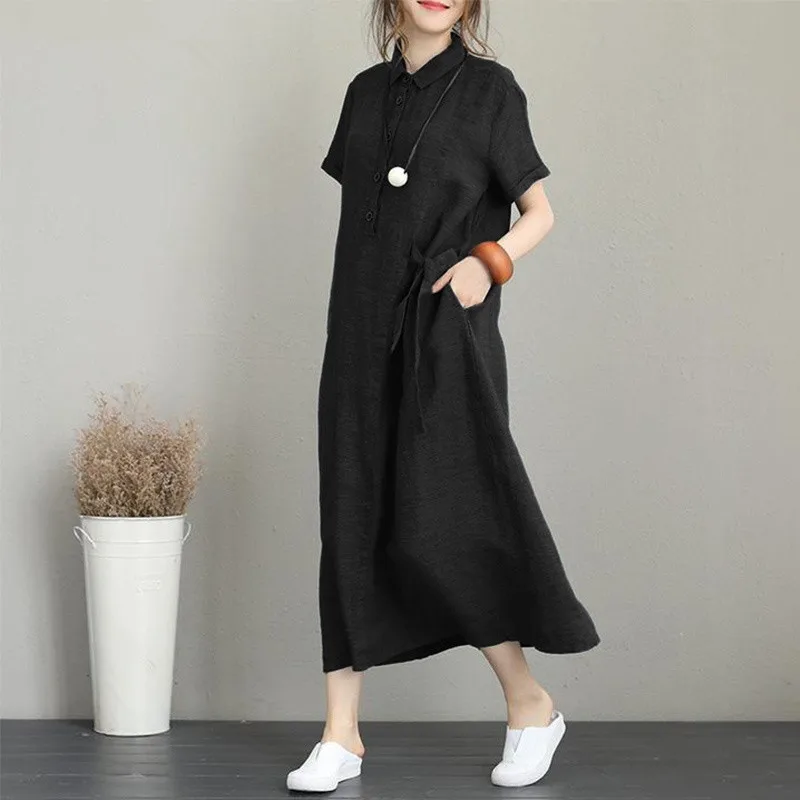 Ladies Solid Color Cotton and linen casual loose Sexy Women Dresses Women Summer Female Clothes Long Dresses