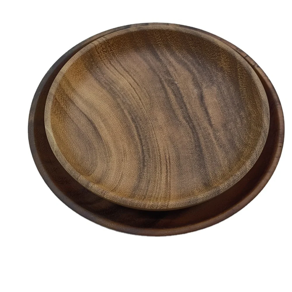 Hotselling Difference Size Dish Dough Bowl Ready Ship Acacia Solid Wood Salad  Snack Food Shallow Bowl with LOGO Engrave