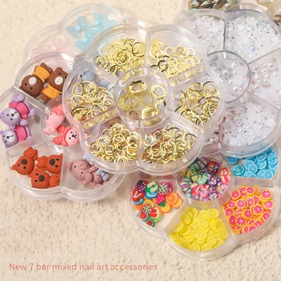 ND1170 Nail Art Design 7 Grid Boxed Bow Bear Cartoon Animal Pearl Rhinestone Polymer Clay Slices Jewelry For Nail Art Decoration