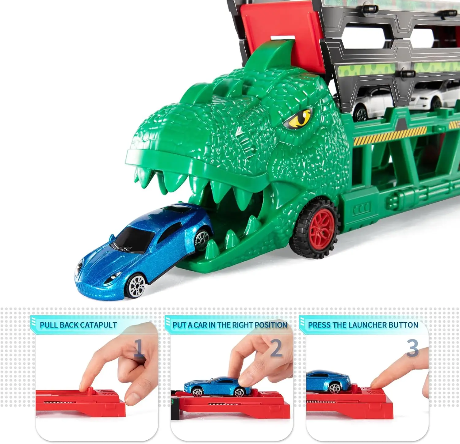 Грузовик TEMI 2 в 1 T-rex для хранения 6 шт. литой автомобиль 1:64 4 уровня грузовик динозавров 38 дюймов катапультирование гоночная трасса