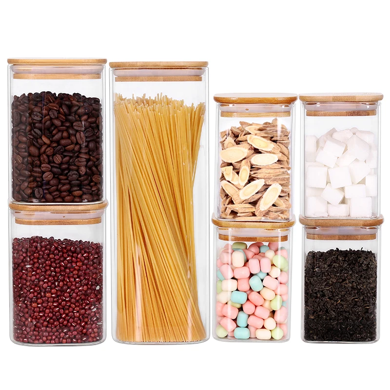 Glass Storage Canister with Wooden Lid Set of 7 Square Glass Jars with Bamboo Lids, Glass Food Storage Containers for Pasta