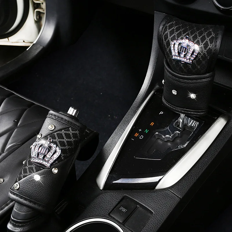 
Summer Mesh Car Gear Shift Knob Cover Crown PU Leather Bling Handbrake Seatbelt Covers Set with Crystal Crown Accessories 