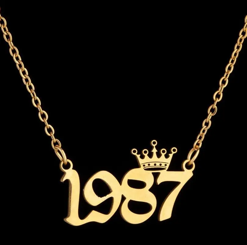 18K Gold Plated Stainless Steel 1980 To 2024 Crown Year Necklace Birthday Number Pendant Necklace