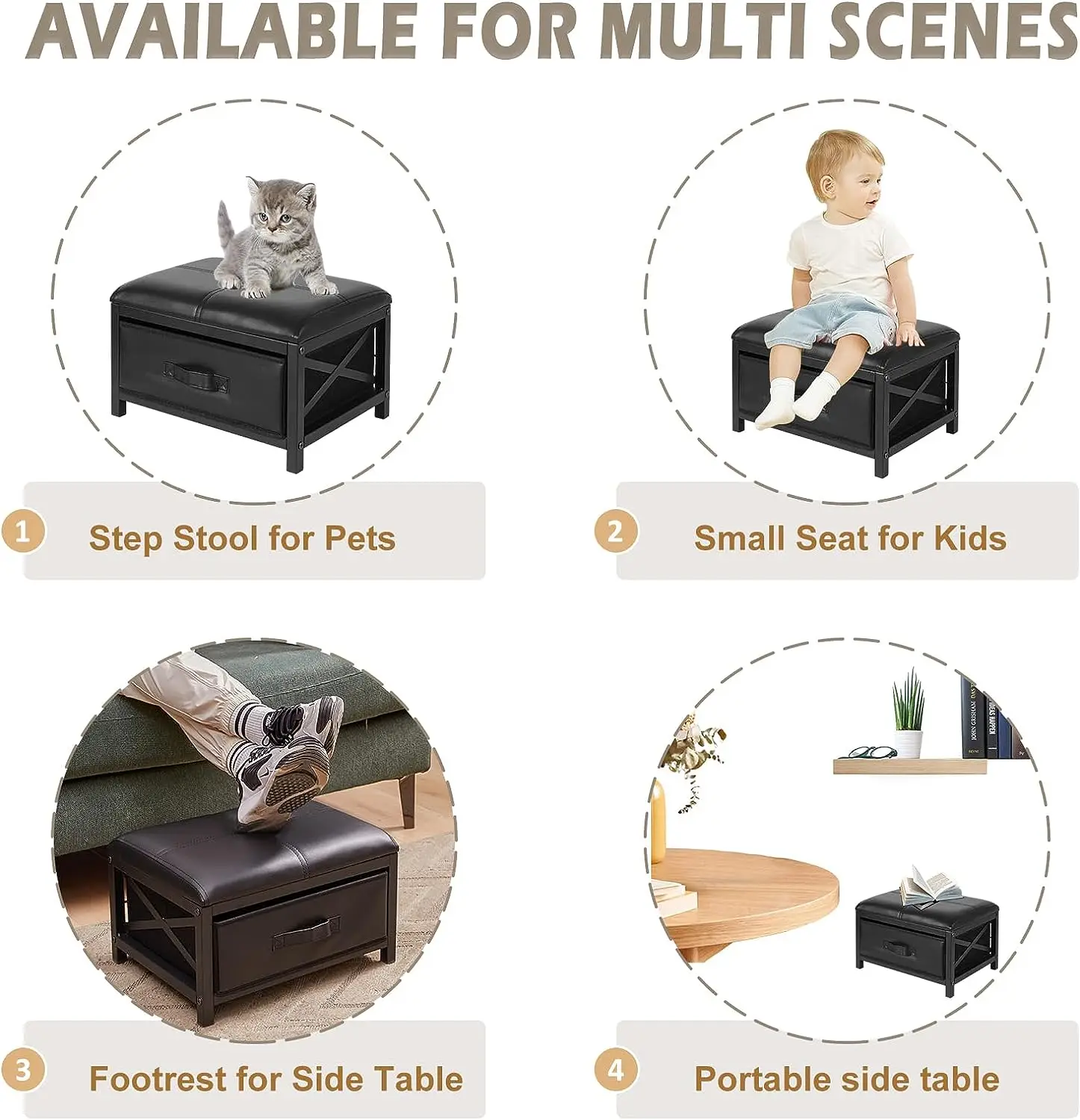 Small Foot Stool, Faux Leather Foot Rest Stool with Storage, Foot Stools Ottoman for Living Room Bedroom Entryway, Black