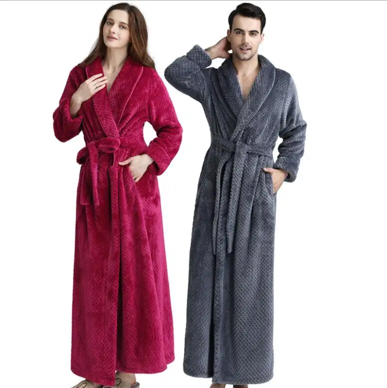 2020 Extra Long Thick Fleece Winter Warm Bath Robe Men Women Flannel Kimono Bathrobe Dressing Gown pocket Nightwear pajama