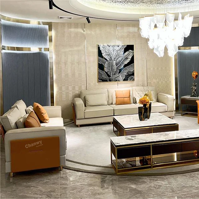 872 Italian modern simple light luxury style high-end living room leather sofa combination solid wood frame