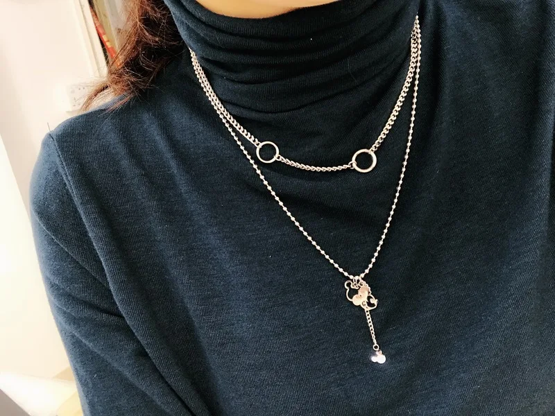 Fashionable titanium steel double layer hollow Mickey necklace Cute Jewelry for Women Girls