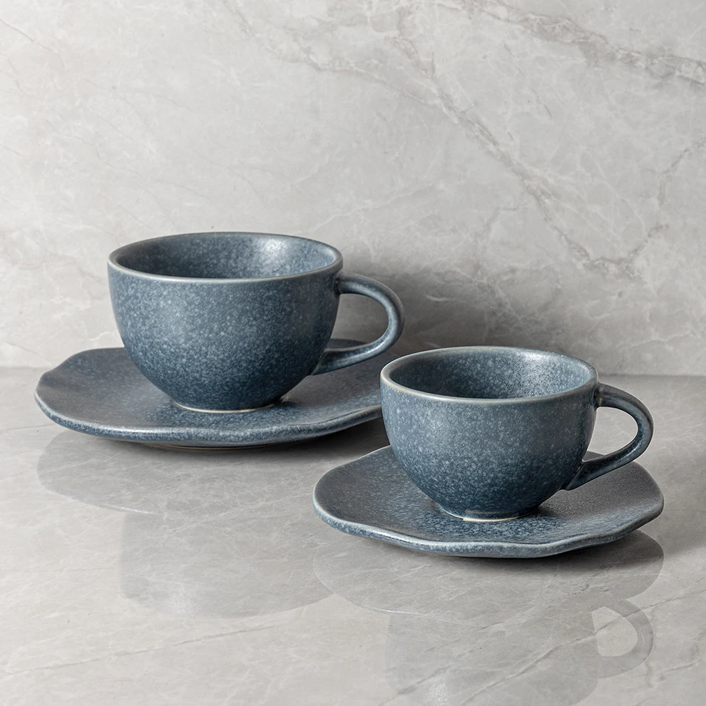JiuJiuJu Wholesale Blue Speckled Porcelain Dots Cups Dinnerware Rustic Vajjila Coffee Mugs Pottoery Espresso Cup Set With