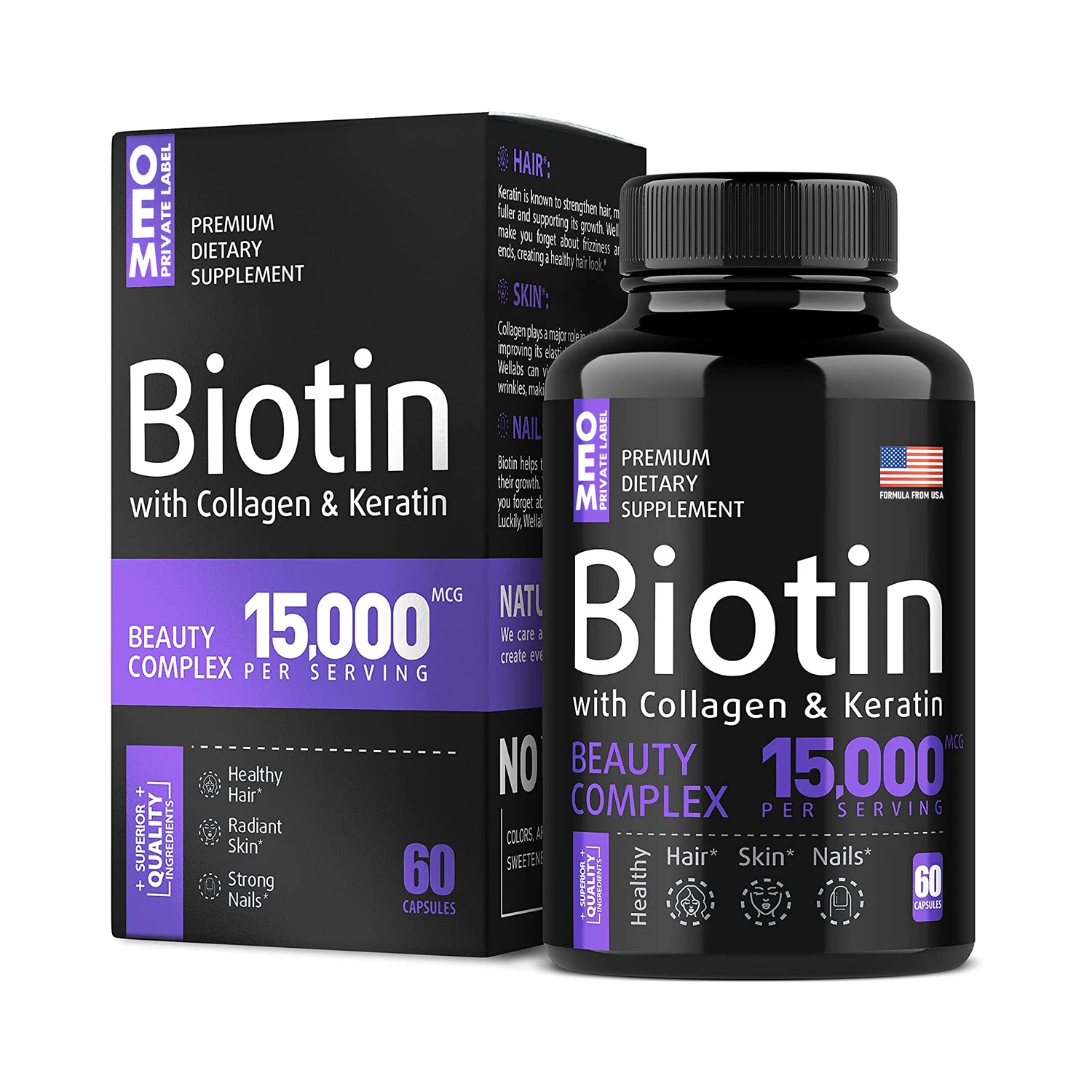 Organic Private Label Biotin Keratin Collagen 60 Pills Vitamin B1 B2 B3 B6 B12  Biotin Capsules For Hair Growth With Hyaluronate