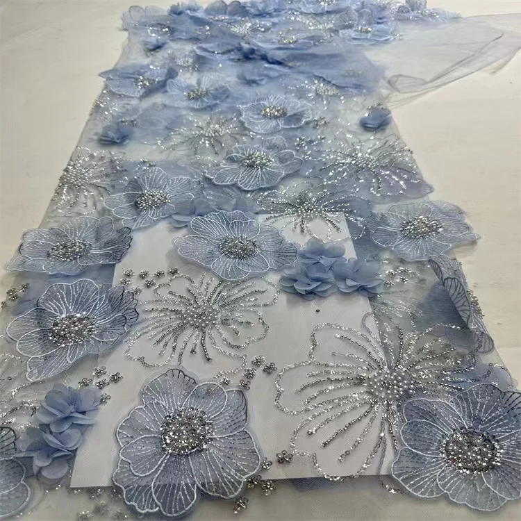 New fancy 3d flower wedding tulle high quality net beaded sequin lace fabric for women