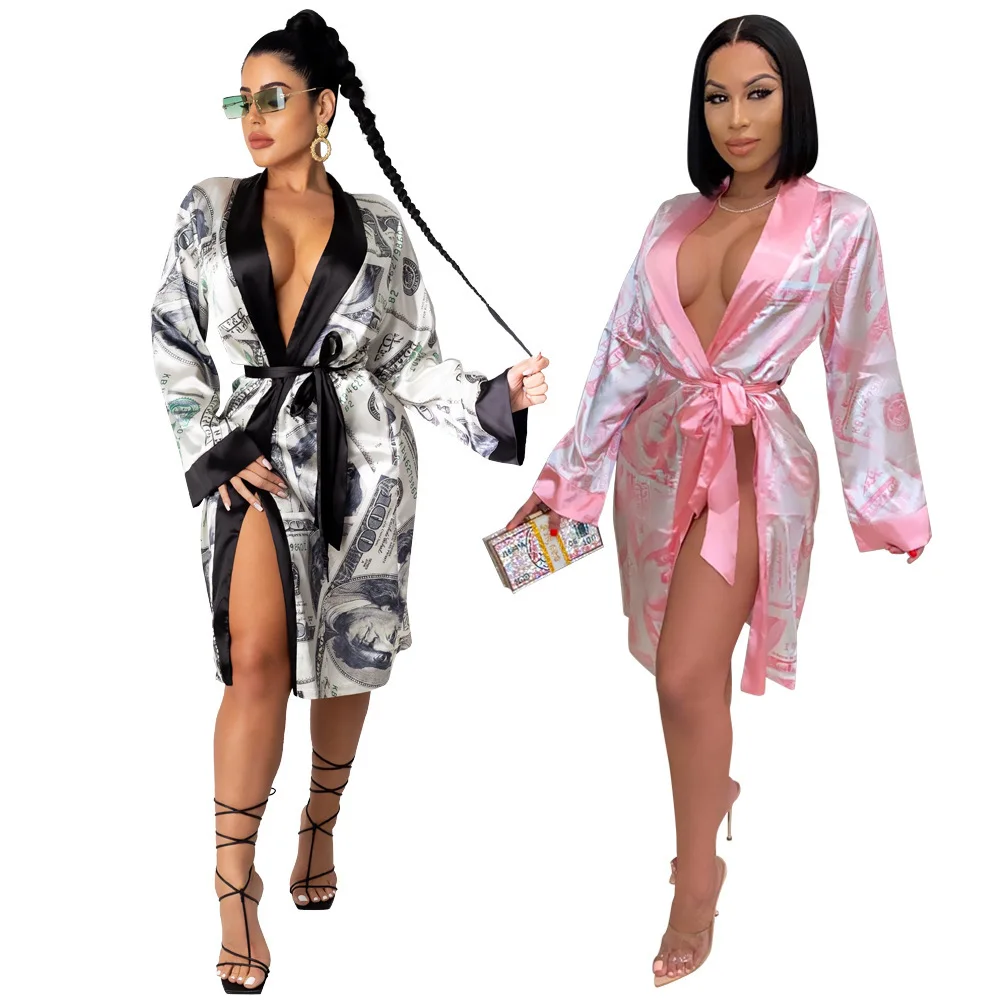 pajamas women set 2022 Long Sleeve Dollars Money Print plus size Satin Silk Robes Kimono Bridesmaid Bride Party Robes Sleepwear