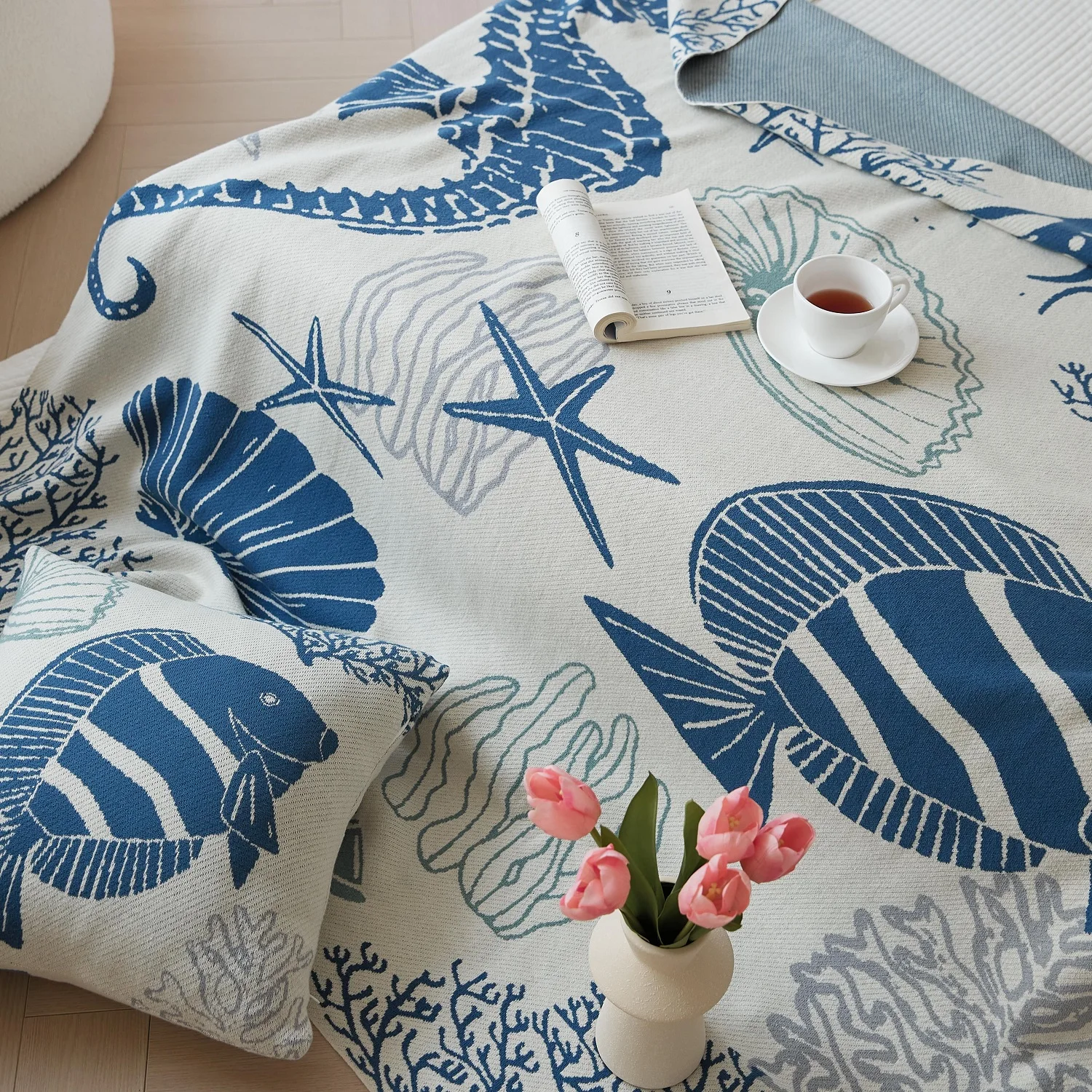 OEKO-TEX home decor cotton jacquard sofa sea world knitted throw blanket