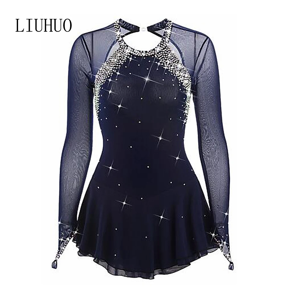 Ice Figure Skating Dress Children Dark Blue Dance Costume Salsa Ballroom Skate Dress Girl Dancewear Costumes