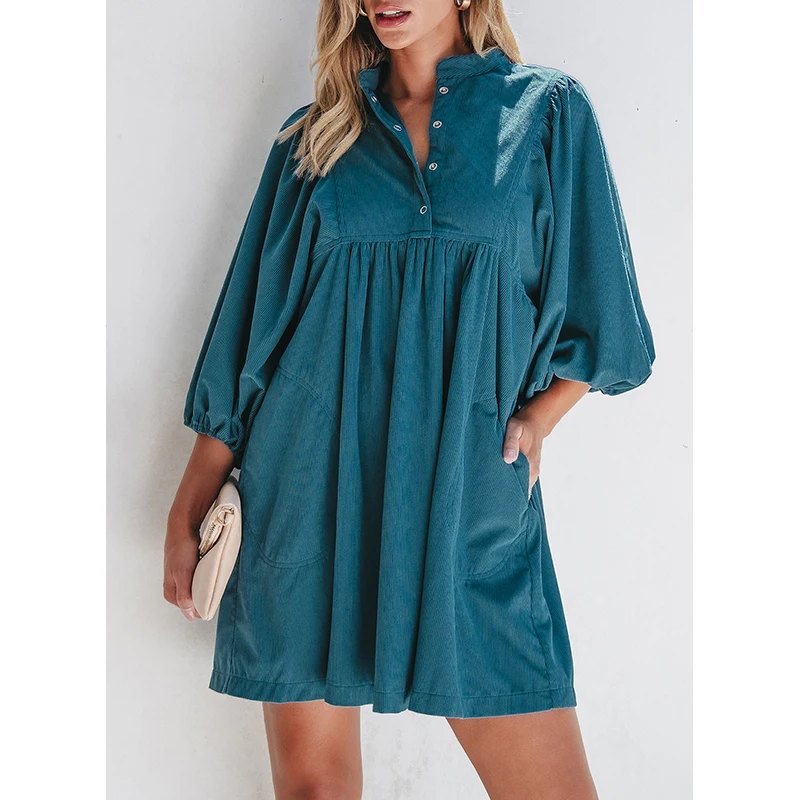 Dear-Lover Wholesale Fast Shipping Corduroy Snap Buttons Empire Waist Bracelet Sleeve Dresses Women Lady Elegant