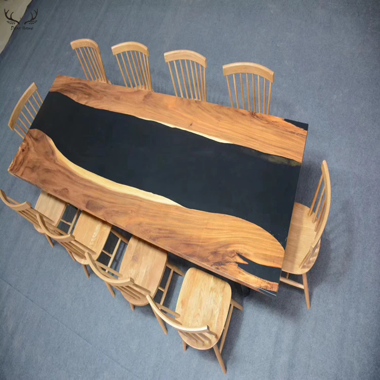 Home walnut table red epoxy resin acacia dining table set wooden dining table top
