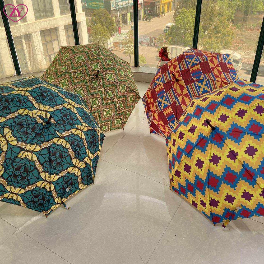 Custom Design African Umbrella Windproof  Ankara Print Umbrellas Kente Printing Sun Umbrella with Wood Handle