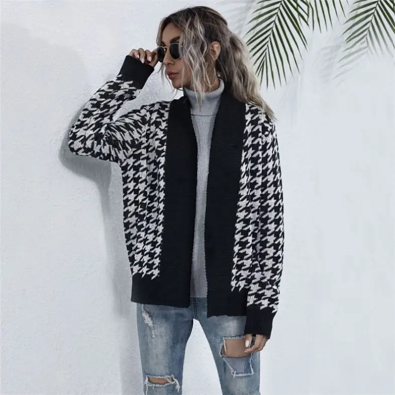 2021 Cardigan Sweater Long Sleeve Geometric Houndstooth Design Knitted Small Fragrance Korean Clip Cardigan Top For Women