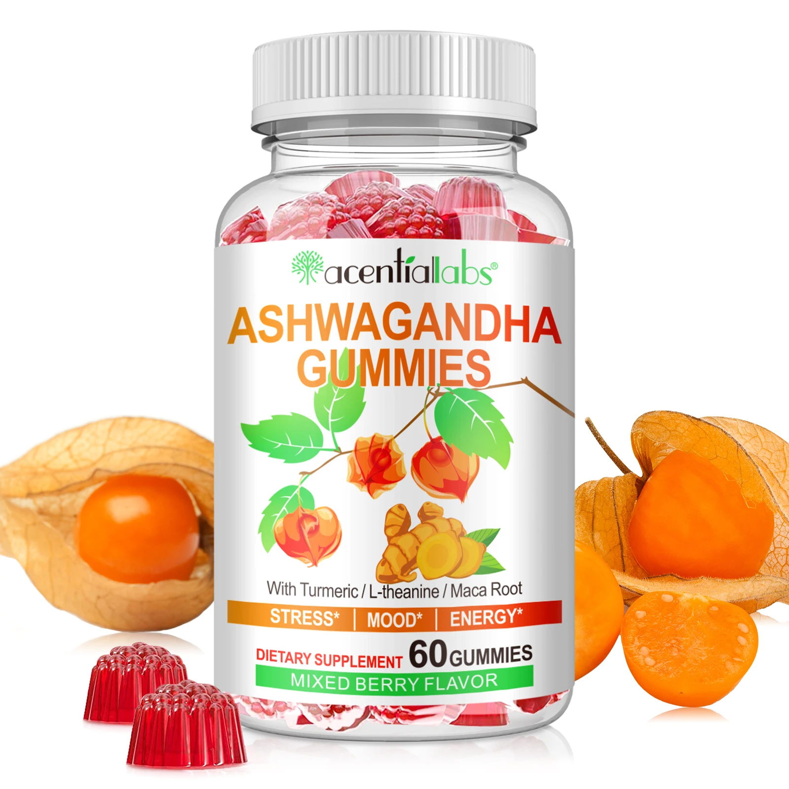 Acentiallabs turmeric relieve stress emotions vitamins ashwagandha extract gummies supplement ashwagandha gummies