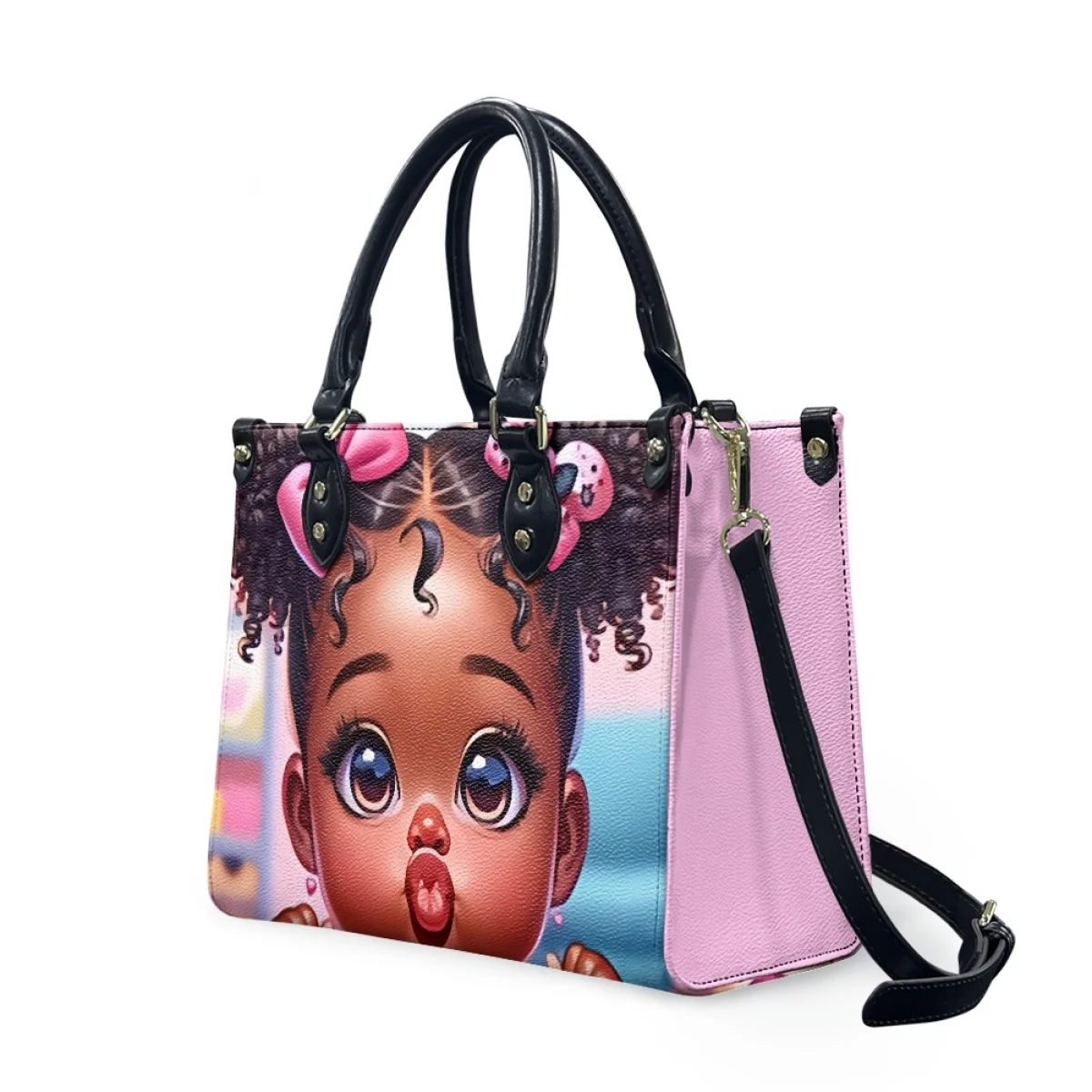 2024 Fashion Waterproof Woman Art Pu Handbag African American Art Black Girl Pattern Print On Demand Custom Rectangle Women Bags