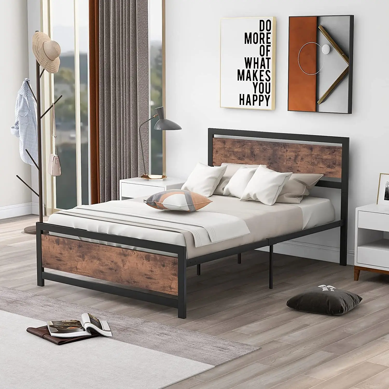 Kainice Wholesale Black Metal Bed Wooden High quality Bed Frame With Bedroom Furniture