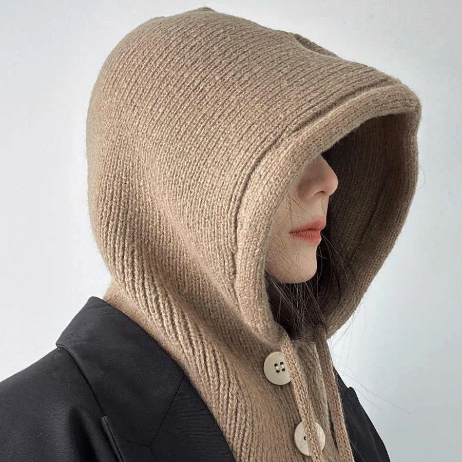 Winter Warm Scarf Hat Integrated Korean Version Solid Color Neck and Ear Protection Knitted Hat Big Head Waist Hat