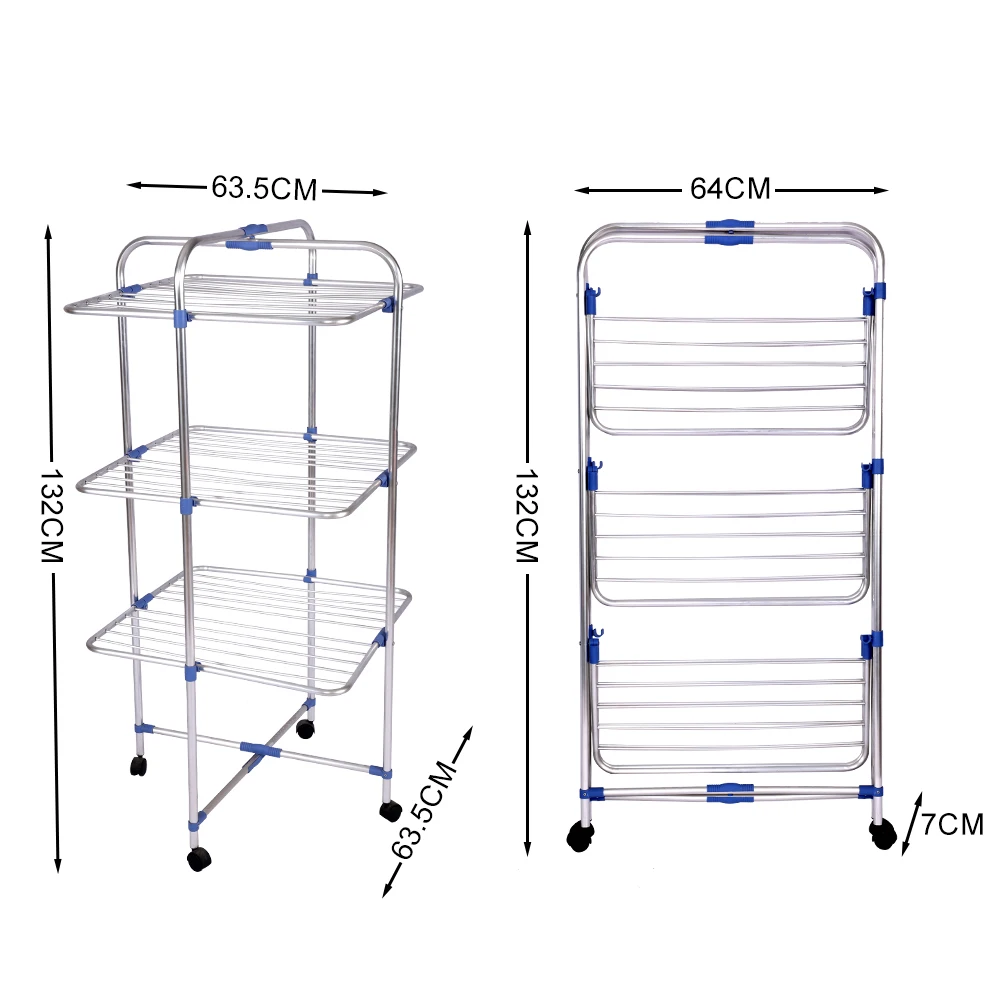 3 Tier Aluminum Cloth Drying Stand Folding Clothes Drying Rack Clothing Rack Tower Dry With Wheel