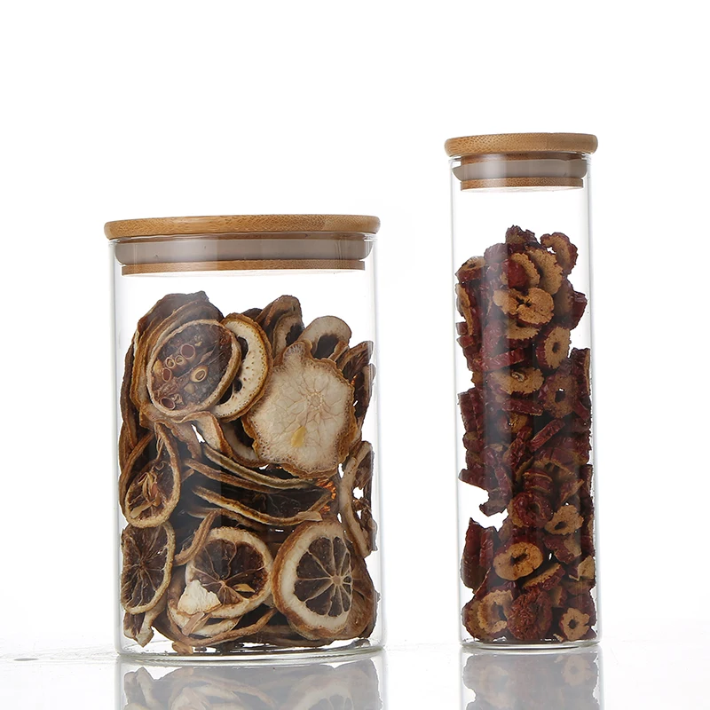 
2021 beautiful water bottle borosilicate glass in bulk hold-up vessel candies jar butter jar diverse size with bamboo cover 