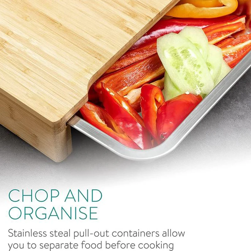 sublimation bamboo Cutting Board with Juice Groove 2 Piece Stainless Steel drip Tray chopping board with drawer Non-Slip Feet