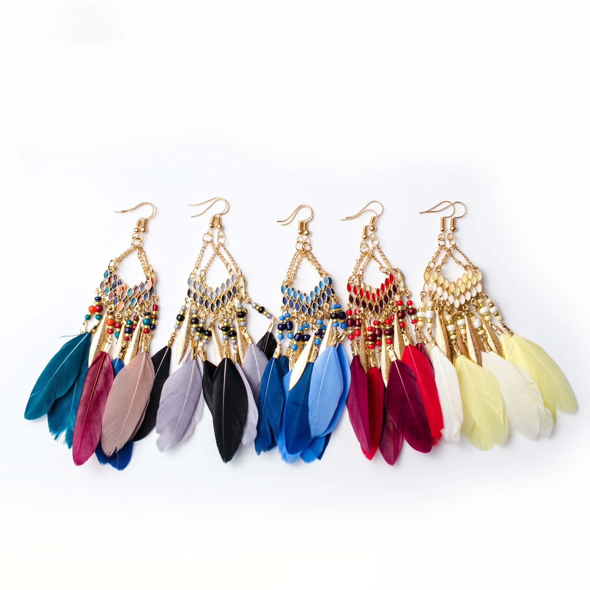 Bohemian Long Colorful Fan-shaped Fringed Feather Seed Beaded Earrings for Female