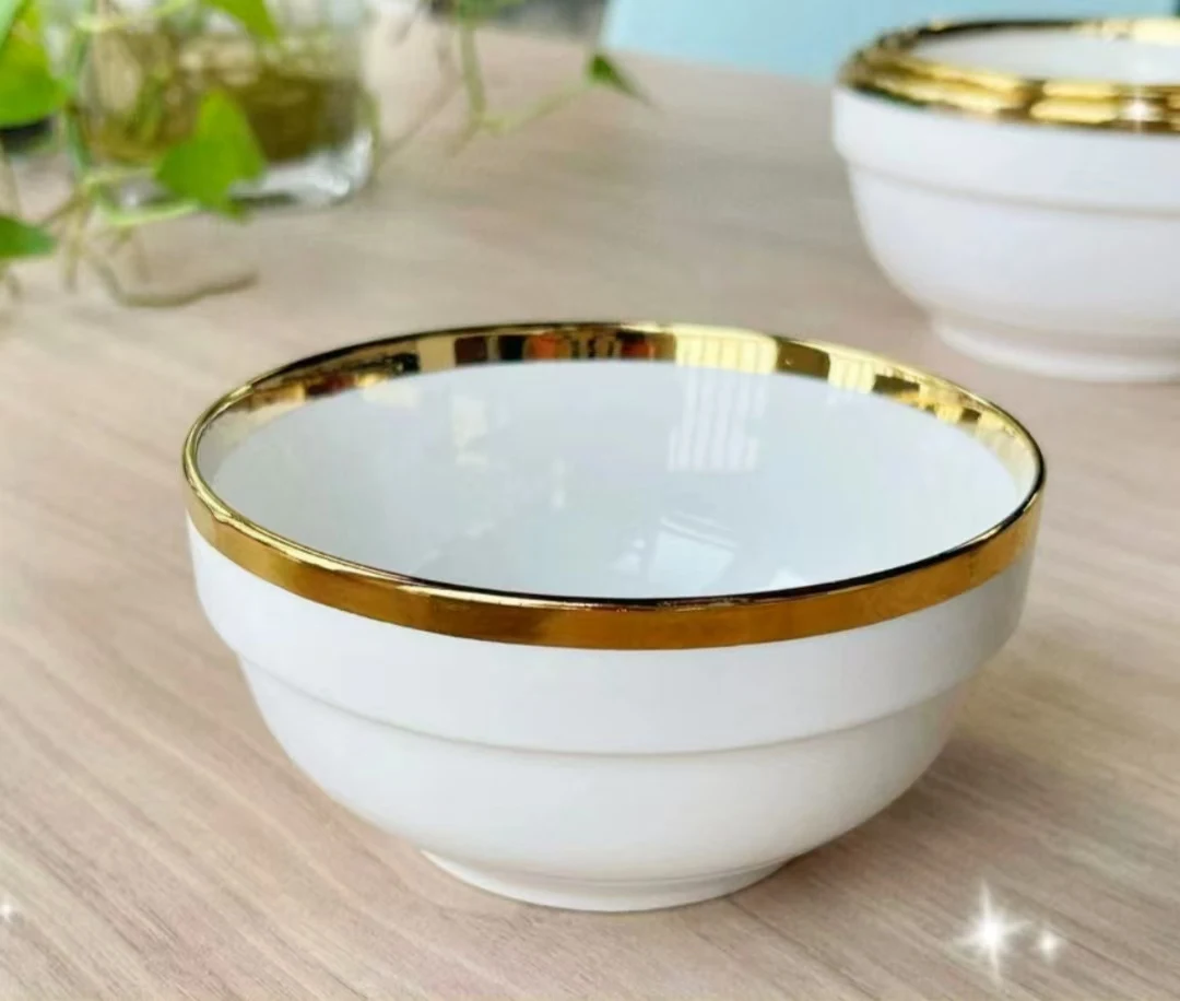 High Quality White Ceramic Bowl Gold Accents Large Small Antique Design Porcelain Noodle Bowls Dishwasher Safe Home Use