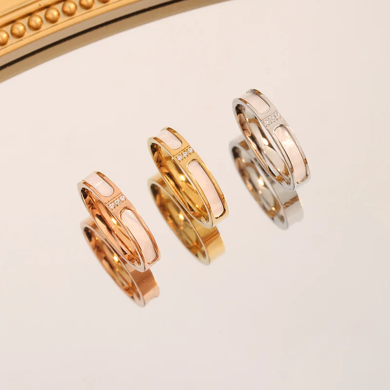 Stainless Steel Full Diamond Open Ring White Mother-Of-Pearl H Letter Double Butterfly Four-Leaf Flower Step-By-Step Bamboo Ring