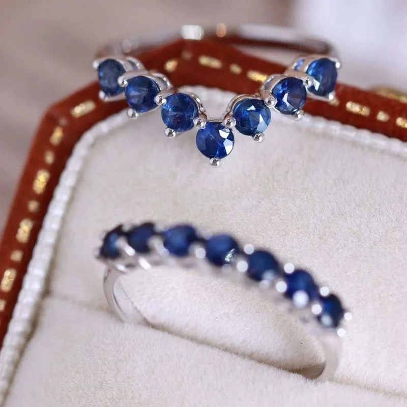 Fashion women lab grown sapphire royal blue gems 18K gold eternity band rings jewelry