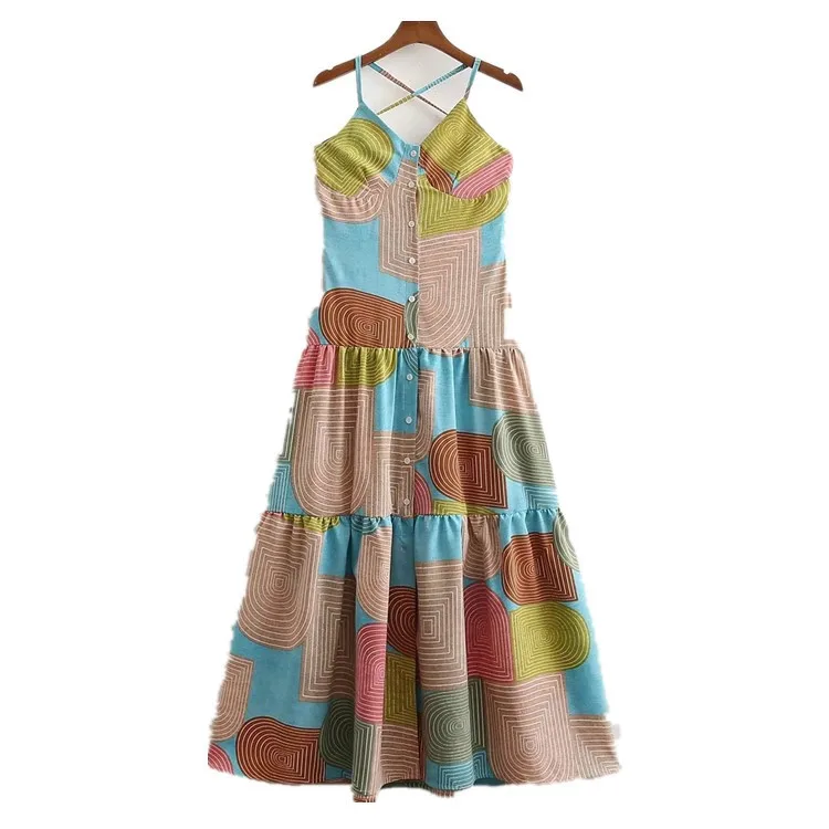Ladies Large Swing Skirt 2022 Spring New Fashion Halter Stitching Mixed Color Block Design Suspender Dress