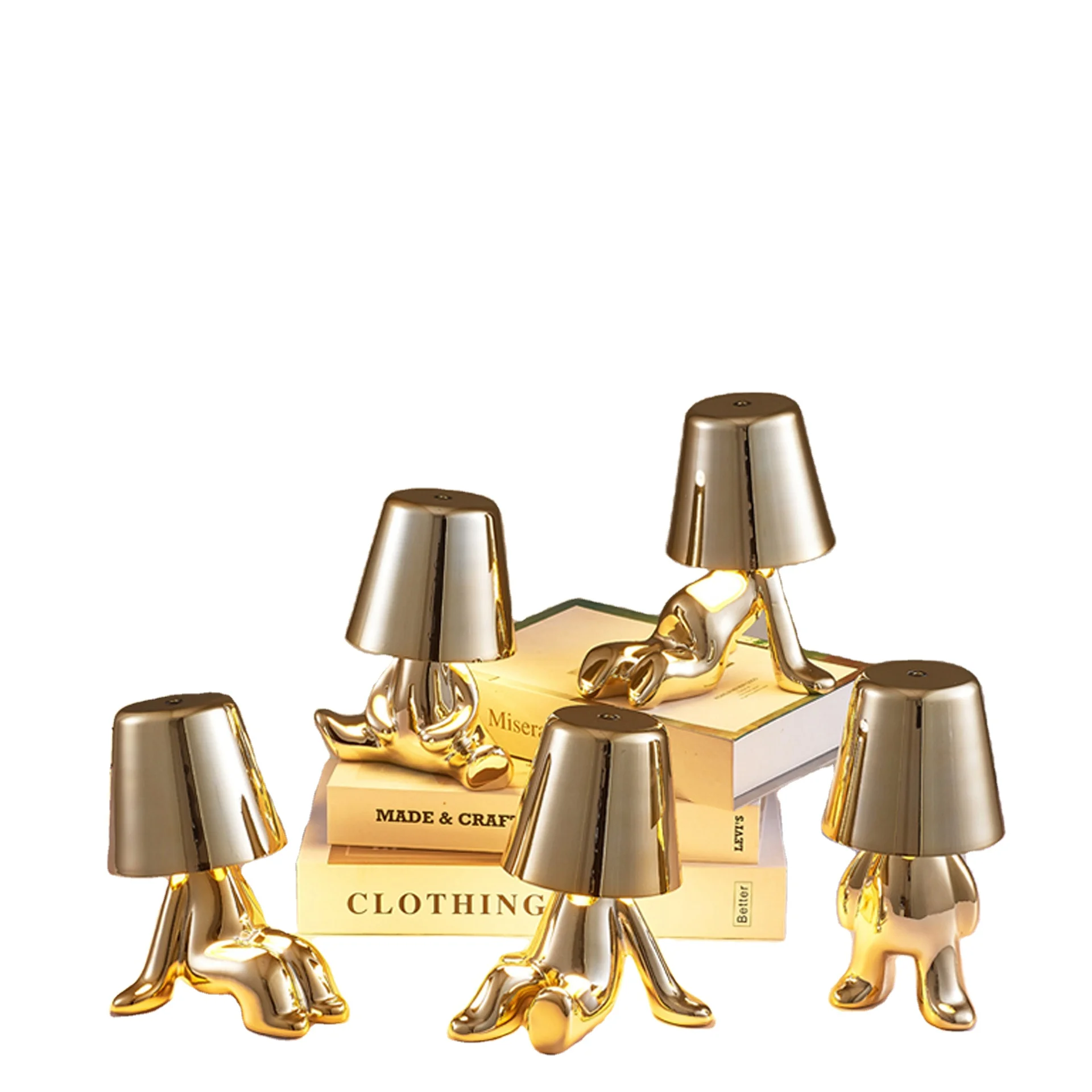 Home Ornament Chrome Bedside Atmosphere Light Silver Led Little Golden Man Table Lamp Rechargeable Collection Thinker Lamp