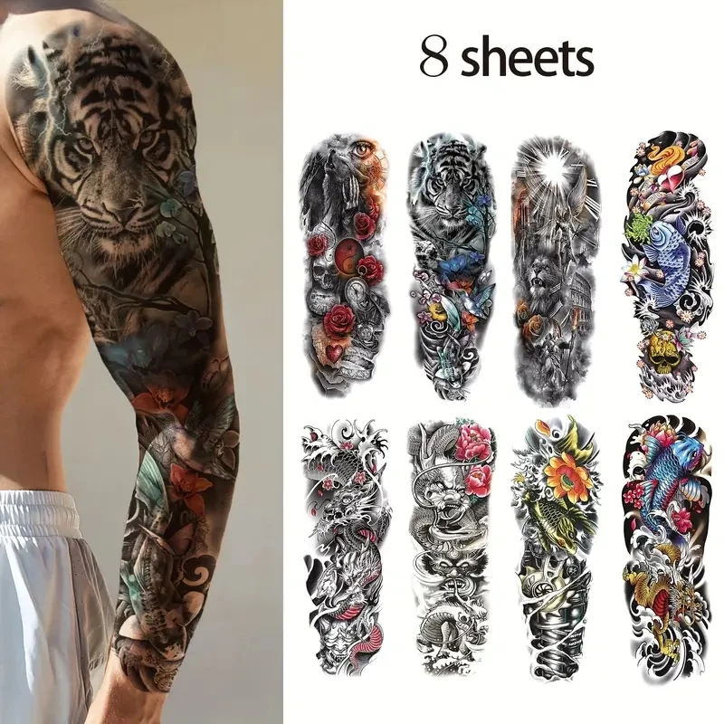 Sheets Full Arm Temporary Tattoo ,Tattoo Stickers , Long Lasting Waterproof Realistic Dragon Art Temporary Tattoo For Men