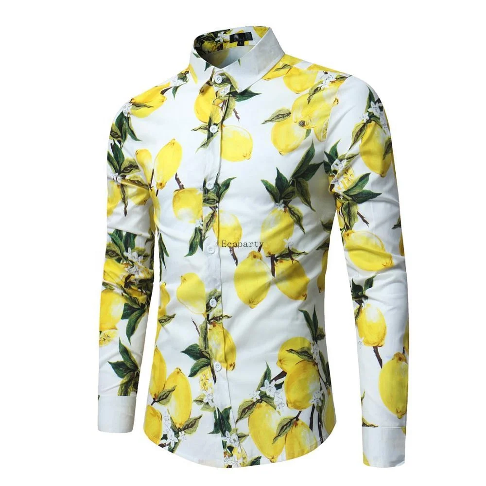 2023 Fruit Lemon Print Shirt Men Slim Fit Long Sleeve Spring Autumn Button Down Shirt Male Casual Party Holiday