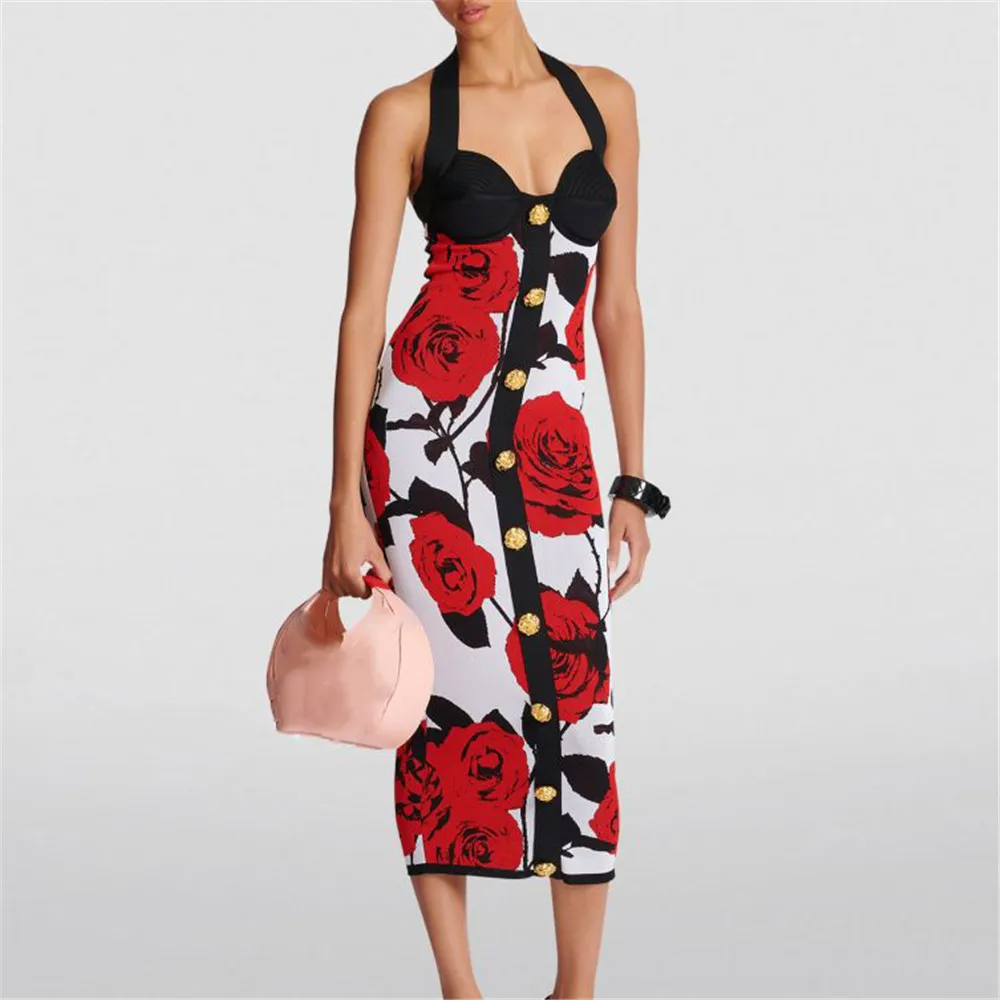 New dropshipping sexy rose jacquard knitted bandage halter skirt