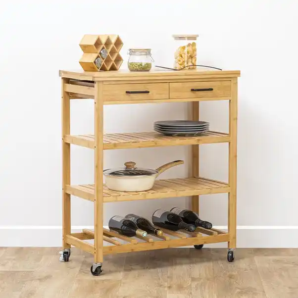 3 Tiers Storage Shelves Kitchen Rolling Trolley On Wheels Bamboo Island Cart With Wine Holder And 2 Drawers
