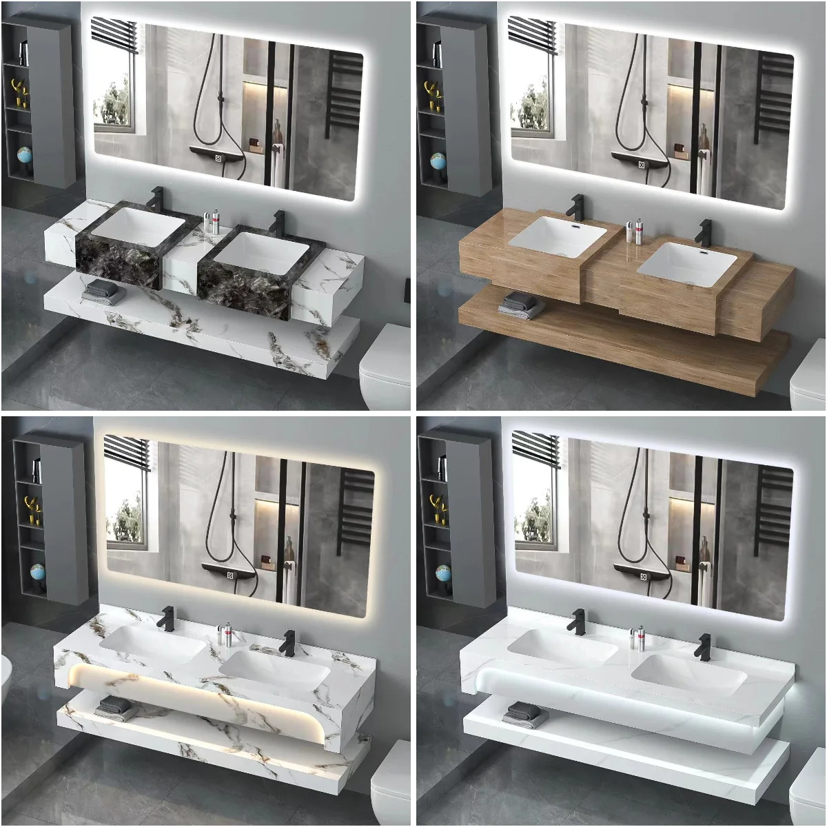 Hotel Wall Mount Marble Sintered Stone bathroom vanity cabinet with ceramic basin and towel shelf