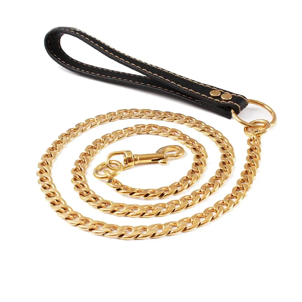 
Custom Wholesale Luxury Gold Stainless Steel Hook Chain Leather Dog Leash 
