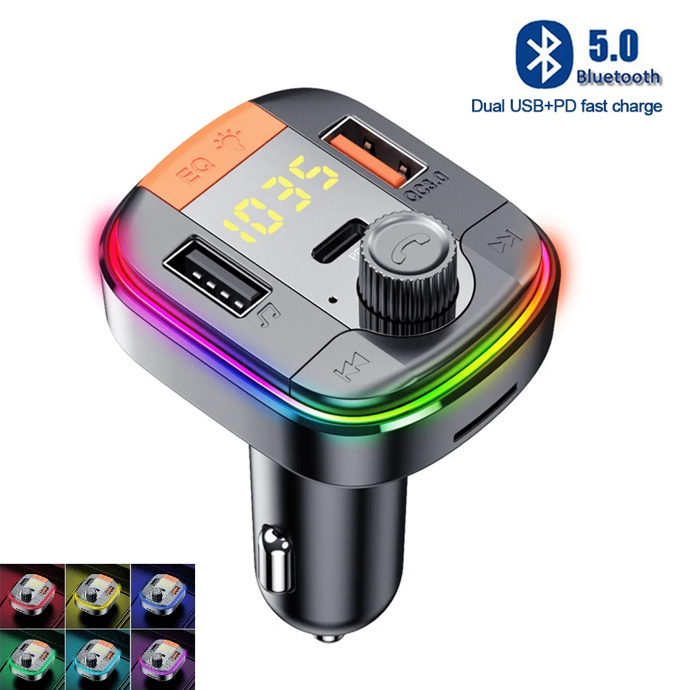 FM Transmitter Wireless 5.0 Adapter Colorful Car Mp3 Player Handsfree Calling 2 USB Port With PD QC 3.0 Fast Charge